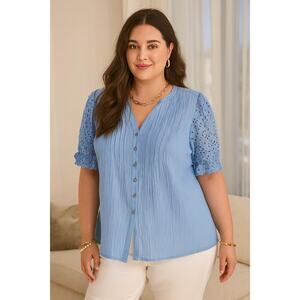 Nanette Lepore Blue Eyelet Sleeve Button Front Blouse Women’s Size L